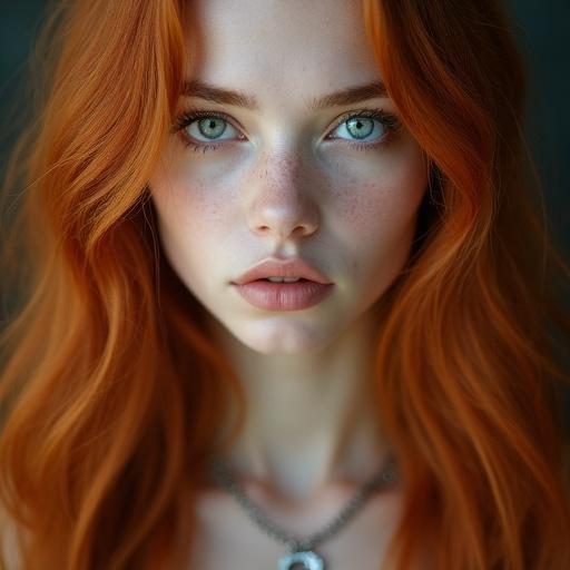 Striking portrait of a woman with long wavy red hair and fair skin. Intense blue eyes, natural makeup, full lips, wearing a silver crescent moon necklace. Serious expression with a mystical aura. Soft cinematic lighting and details of skin texture and hair. Ultra-realistic style.