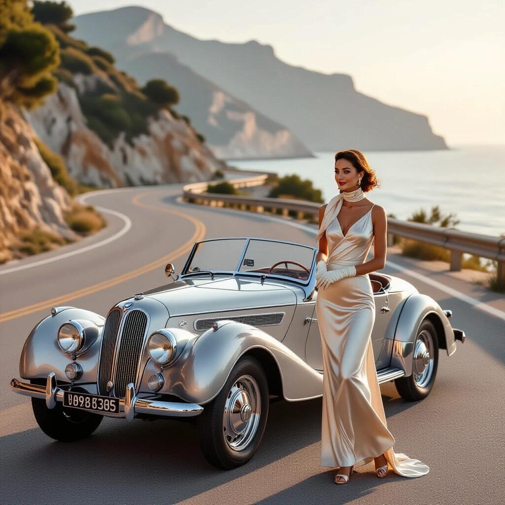 A vintage scene featuring a 1936 BMW 328 Roadster parked on a coastal highway. The car is silver and has its hood propped open with two independent panels. Light steam is coming from the radiator. The door of the car is fully open, revealing empty tan leather seats. A woman in a silk driving suit and scarf stands gracefully next to the car, adjusting her driving gloves. The background shows a Mediterranean cliffside road during golden hour. The photograph is taken with high-quality equipment for sharpness and detail.