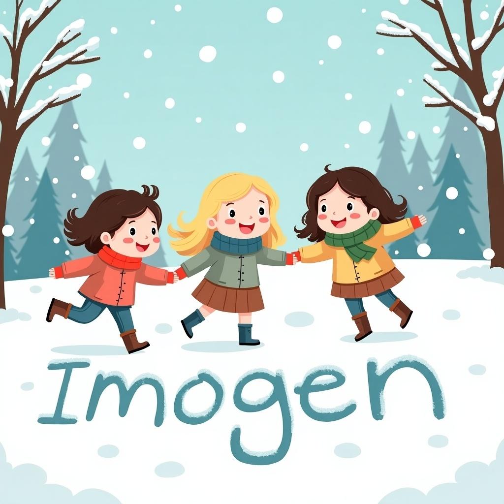 Three cartoon girls with brown and blonde hair in a snowy scene. Names Imogen, Estelle, and Lily written in the snow. They are dressed warmly and smiling.