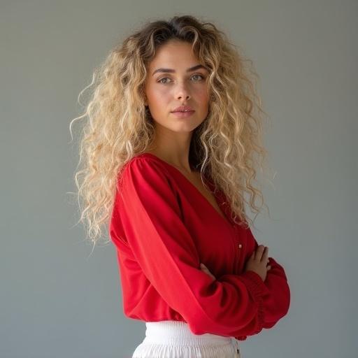 Woman with curly hair wearing a red blouse and white skirt. She stands confidently with her arms crossed.