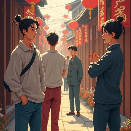 Illustration of young individuals gathered in a charming Chinese street during evening. Vibrant red lanterns adorn the surroundings. The scene depicts a relaxed atmosphere with an artistic touch. Colorful clothing contrasts beautifully against the evening backdrop.