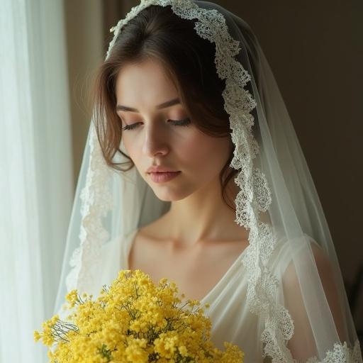 Portrait of a woman draped in a white lace veil. She holds a bouquet of small yellow flowers. Soft lighting creates a dreamy atmosphere. The composition has a peaceful feel.