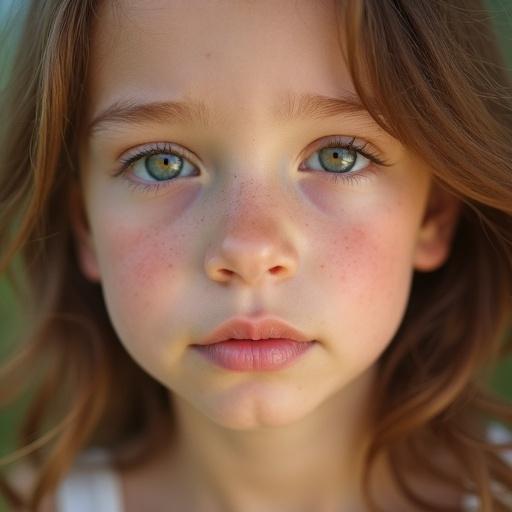 Close up shot of an adorable baby face with freckles and full lips. Photograph taken with a Canon EF 50 MM F/2.5 Compact Macro HD lens. Emphasize the soft details and natural look. Raw photography showcasing innocence and charm.