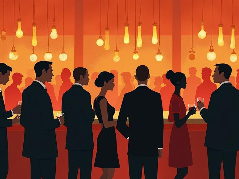 Minimalist illustration of humans in a vintage crowded bar. A group of people with drinks. Warm orange and red colors. Elegant atmosphere. Soft lighting with hanging bulbs.
