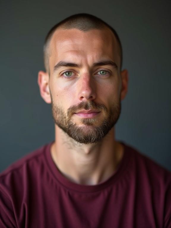 Studio portrait of a young man. He has green eyes and a well-groomed beard. His head is closely shaved. He wears a deep burgundy t-shirt that complements his complexion.