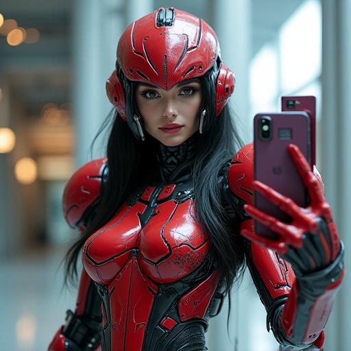 Cosplay of a Gundam and Xenomorph hybrid character. Supermodel poses for a selfie. Dressed as D.Va from Overwatch. Features shiny and intricate robotic and organic details. Background captures reflections. Scene shows battle damage and realism.