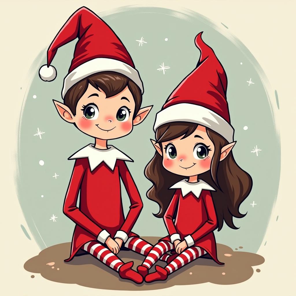 Generate a picture of two adorable elves, one boy and one girl, both wearing red and white outfits with pointed hats. They sit together on the ground, smiling, with a light background featuring falling snowflakes. The style is playful and cartoonish, appealing to children.