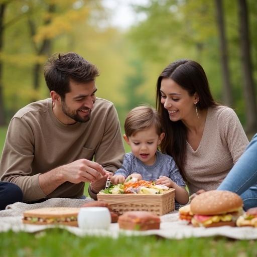 Photo of a family enjoying a picnic in a natural setting. People sit on a blanket surrounded by food. Trees and greenery in background.