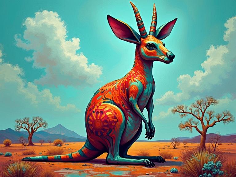 Navajo inspired abstract painting featuring a 3D horny kangaroo. Dominated by shades of turquoise with vibrant abstract elements. Includes desert landscape and unique animal design.