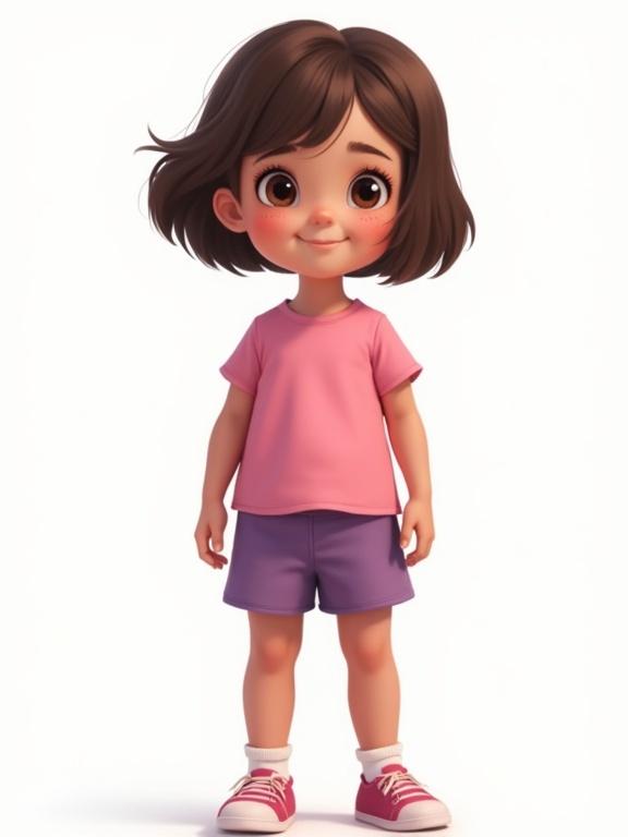 Child character in a pink top and purple shorts. Brown bob hair and brown eyes. Clean, white background. Digital art in pinup style with high quality and resolution.