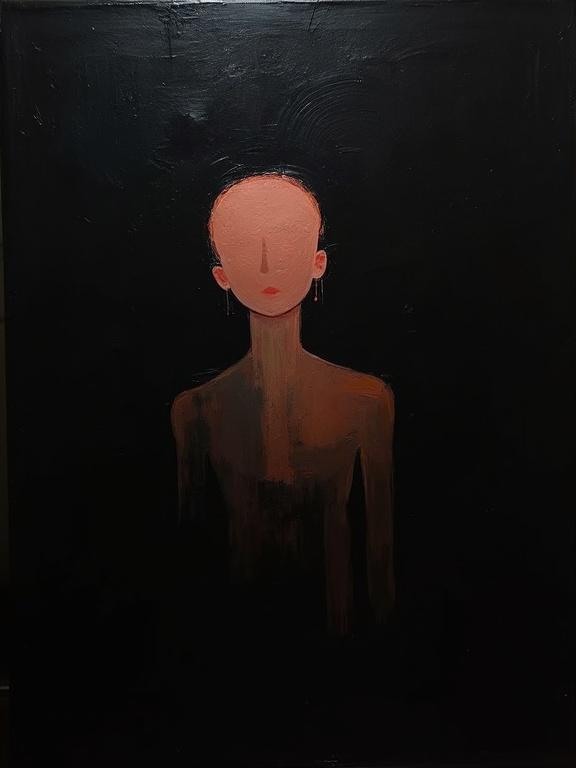 Digital oil painting featuring black background with visible harsh paint strokes. Cubist and unfinished elements present. Flat colors in dynamic silhouette design. Minimalist style with voids shaped like film negatives. Shadows and cubist edges resemble a film strip.