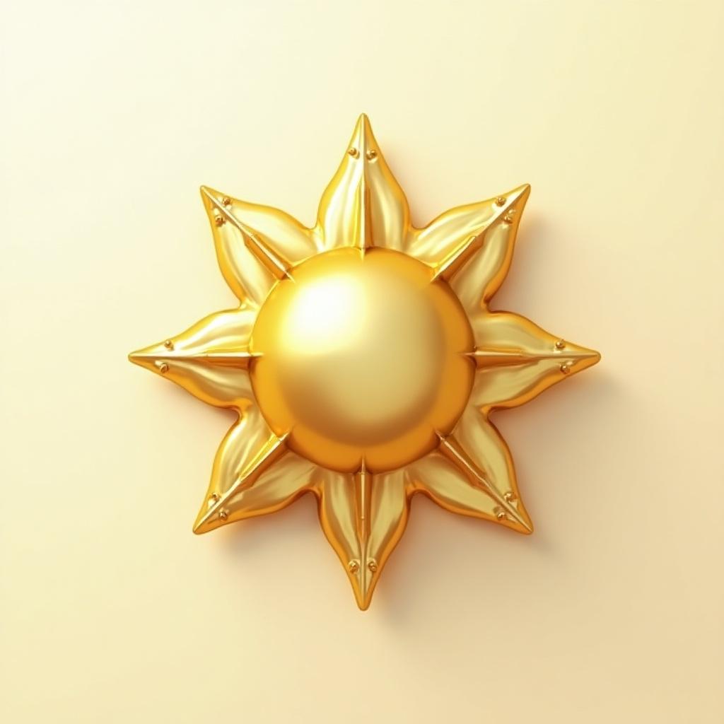 A 3D gold sun design on a neutral background. The sun has a round center and eight pointed rays, all in shiny gold finish.