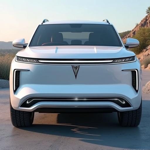 2025 Lumen Atlas is a full-size hydrogen electric SUV. It features HydroVents chrome-accented cooling intakes. A split tailgate design allows lower section to fold into a heavy-duty bench. The color palette includes Glacier Frost with iridescent white appearance that changes in sunlight.
