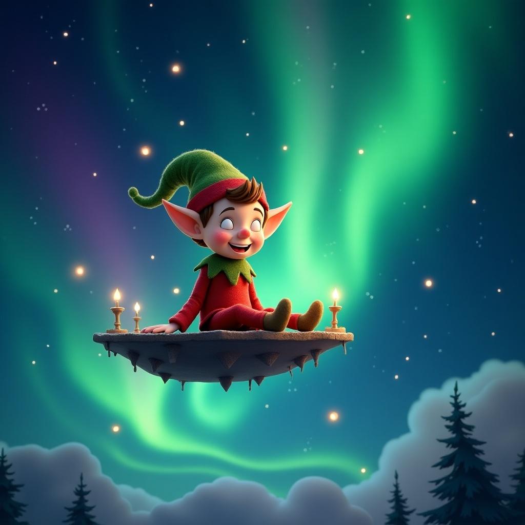 Elf character sitting on a small platform in the sky under vibrant northern lights. Night sky with candles around the elf. Snowy ground visible below.