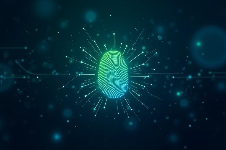 Dark blue starry background. In the center a glowing digital fingerprint in green and blue hues surrounded by a network of interconnected nodes. Add subtle light trails connecting the nodes to emphasize the blockchain network.