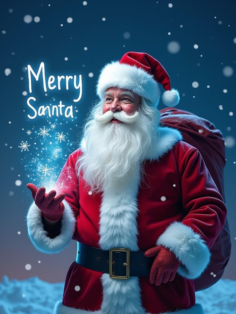 Santa Claus standing in a festive winter scene. Red suit with white fur trim and a large red sack. Magical sparkles around the hands. Blue sky with falling snow.