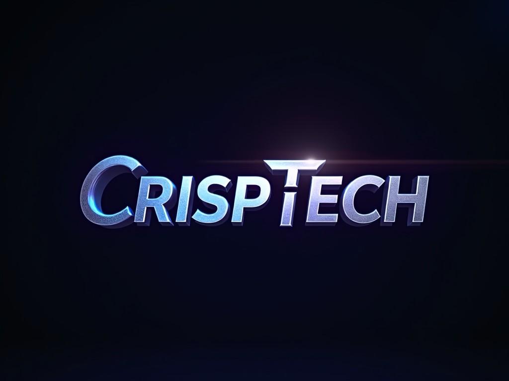 A sleek and modern logo design for 'CrispTech', featuring metallic blue and silver text with a bright highlight, conveying a futuristic and professional image suitable for a technology company.