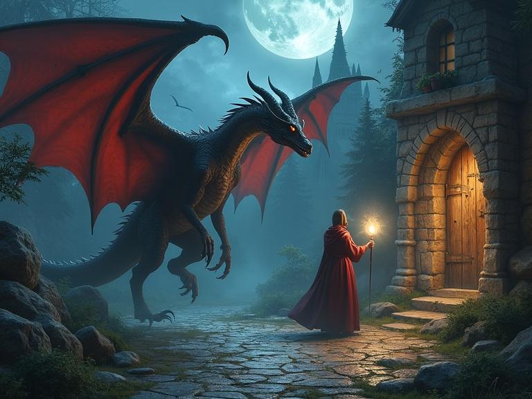 Image related to 'Dungeons and Games' YouTube channel. Features dragon, magic, dark fantasy with a somber tone. Includes a cloaked figure with lantern in front of a stone building at night.