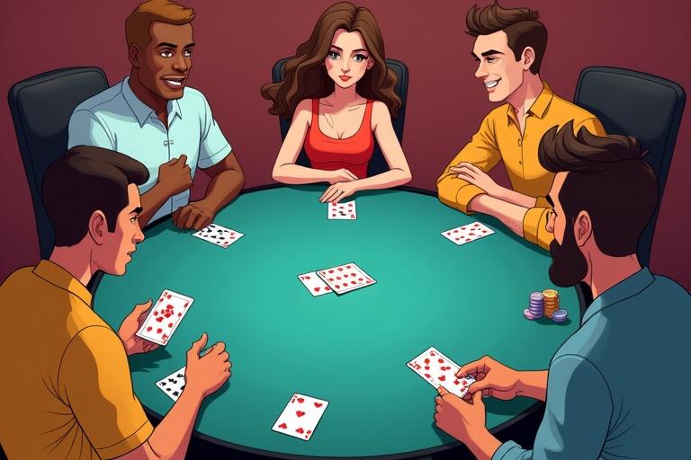 Lively 2D scene featuring diverse individuals engaged in a rummy game. Characters are seated around a table holding cards with backs visible to opposing players. Emphasis on strategic gestures and hands at chests. Modern 2D cartoon style with slightly overhead camera angle showing interactions. Characters display exaggerated expressions. Central card deck and discard pile present with uniform marine-colored card backs. Discard pile shows top card. Includes scorecards and chip stacks. Soft directional lighting for texture and mood of friendly competition.