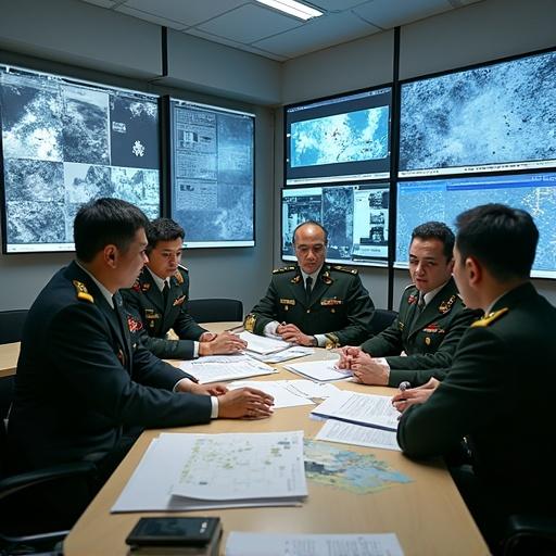 Taiwan's military intelligence chief converses with officers in military intelligence center. They analyze intelligence from Taiwan Strait Defense Wargame. They observe military deployments and strategies of Chinese mainland near Taiwan. Intelligence files and surveillance images are present.
