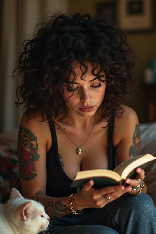 A woman in her 20s with curly hair reads a book in a cozy home. She has a slim figure and is dressed in an alternative style. A cat sits by her side. The setting is intimate with soft lighting.