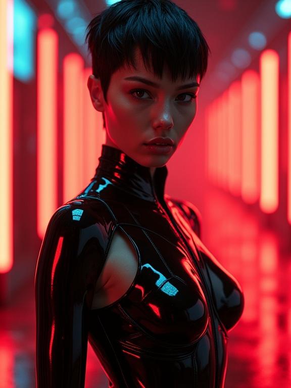 A hyper-realistic sci-fi portrait of a futuristic female warrior. Inspired by Trinity from The Matrix. Standing confidently in a neon-lit, cyberpunk environment. Her gaze is intense and alluring. Wearing a sleek, high-gloss black bodysuit. Subtle red highlights. A faint aura of red mist surrounds her. Background features soft-focus neon architecture. Shot with a Hasselblad H6D-100c. Evokes a surreal fusion of cyberpunk allure and feminine energy.