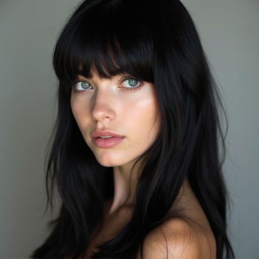 Young woman with black hair and bangs. Close-up portrait highlighting natural features. Soft lighting enhances facial details.