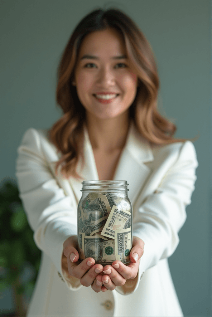 A woman in a white blazer holds a jar filled with US dollar bills, smiling warmly.