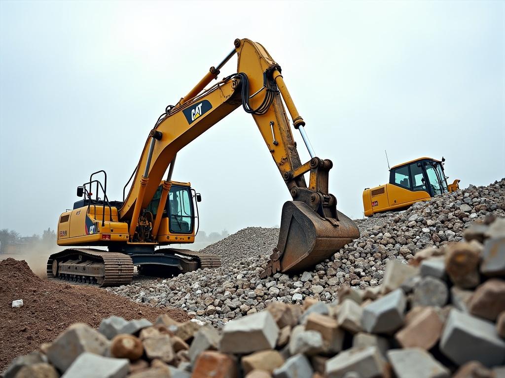 A construction site showcasing heavy machinery in action. In the foreground, a large yellow excavator is positioned prominently, with its arm raised high and its bucket poised to scoop up debris. Surrounding the excavator are piles of rocks and rubble, indicating an active demolition or construction project. In the background, another piece of equipment is visible, working alongside the excavator. The sky is cloudy, hinting at a hazy day, adding a sense of industrious atmosphere to the scene.