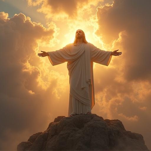 Jesus Christ is depicted in the sky with outstretched arms. A bright glow surrounds him. Clouds create a dramatic background. The figure stands on a rock, conveying strength and divinity.