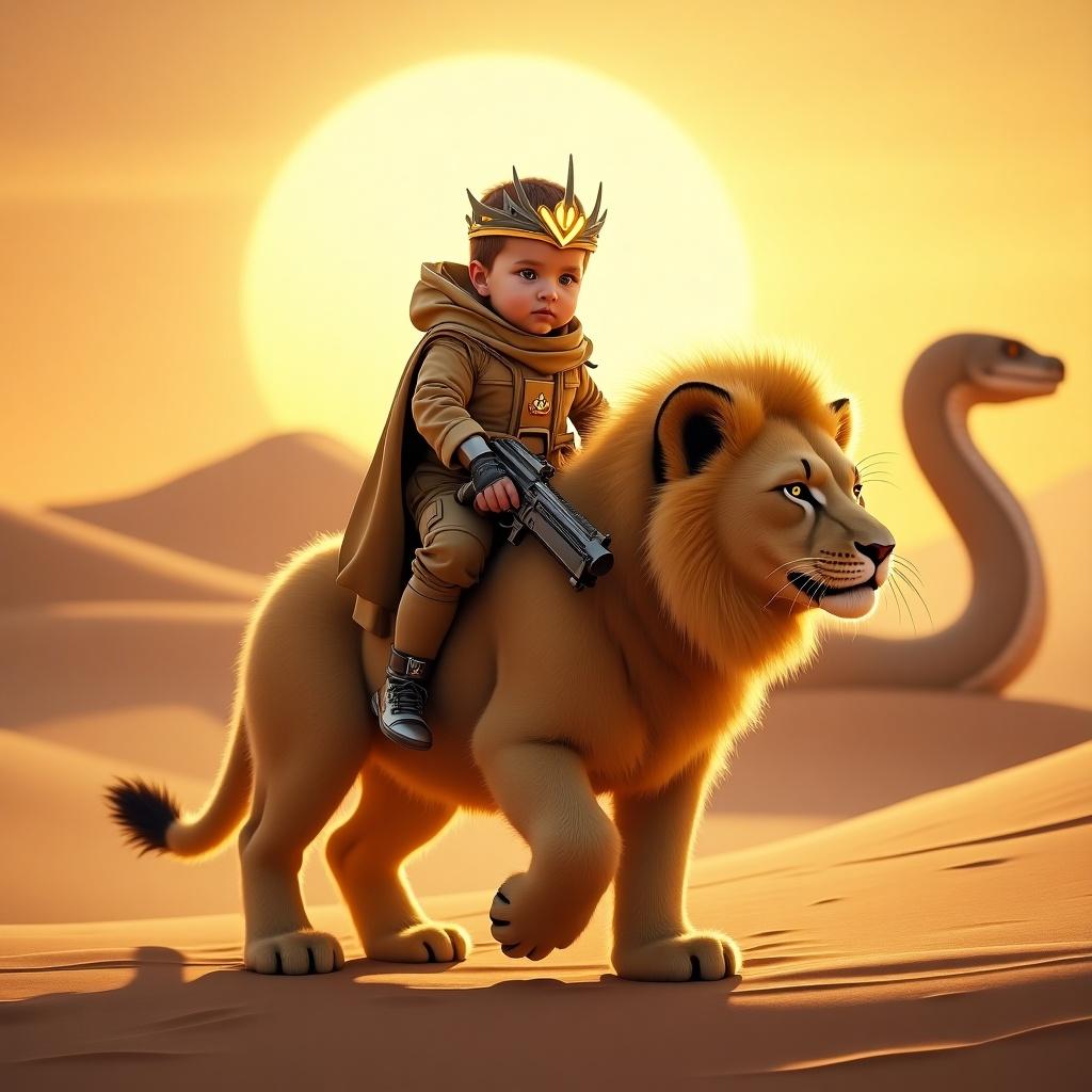 A highly detailed digital artwork set in a mystical desert at sunset. A heroic baby in a futuristic military uniform rides a fluffy mutant lion cub. The baby wears a glowing crown and holds a high-tech weapon, symbolizing courage. The lion cub has golden fur glowing in sunlight with a determined expression. A giant snake rises from the sand dunes in the background. The scene captures bright colors and intricate details focusing on the baby and cub against a majestic sunset backdrop.