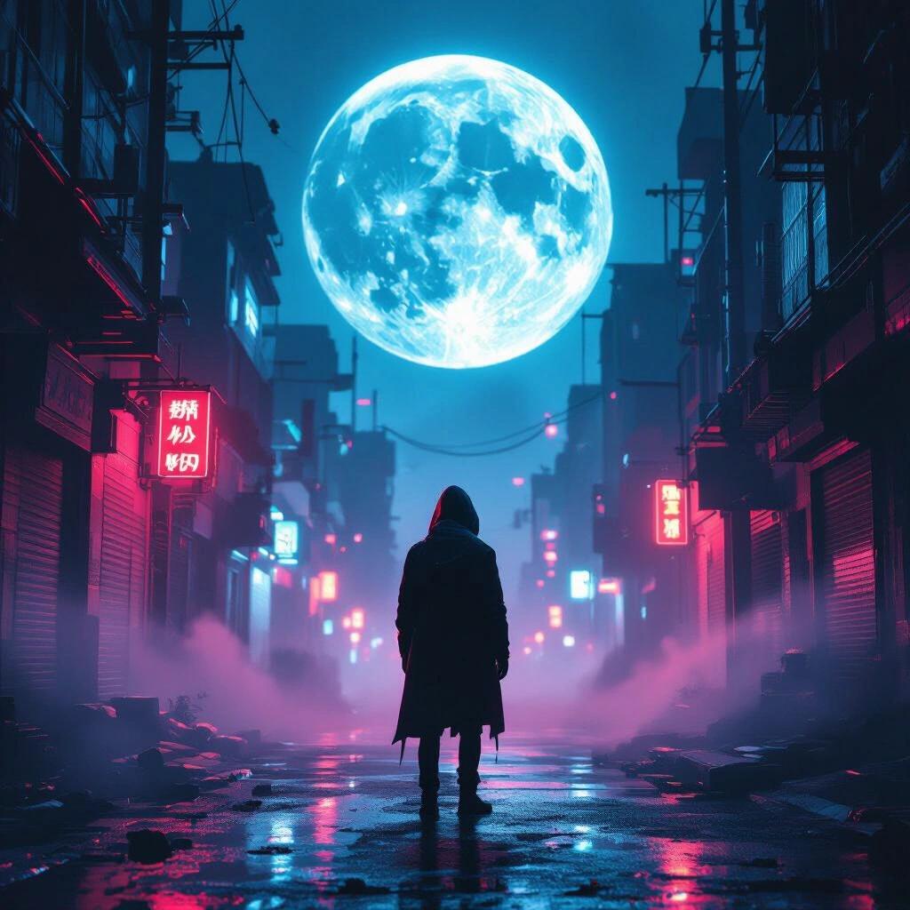 A glowing hooded figure stands in a cyberpunk alley. Massive moon fills the sky. Neon fog surrounds the scene. Distant red and blue lights illuminate darkness.