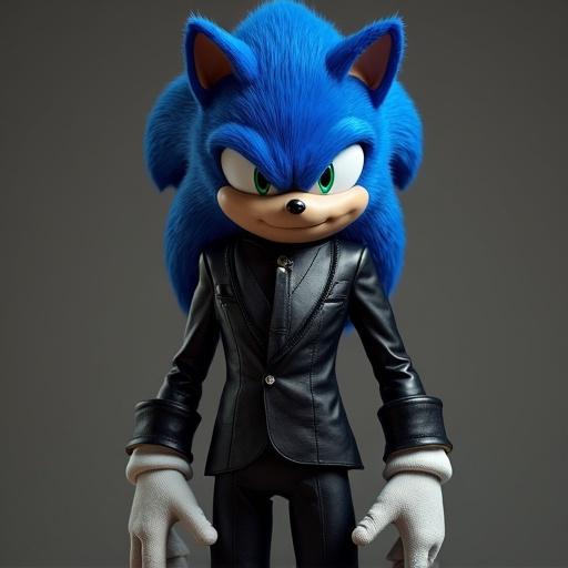 Sonic the Hedgehog character portrayed in a black suit. Blue hair styled prominently. Confident expression and stance. Artistic representation.