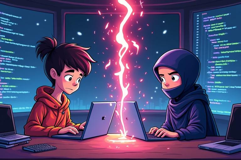 Cartoon characters representing a beginner programmer and a coding ninja. Left character looks confused with a messy laptop. Right character is confident working with clean code at a high-tech setup. Center has a dynamic transition effect signifying growth. Background is a tech-themed dojo blending traditional and modern elements. Bright colors create an engaging atmosphere.