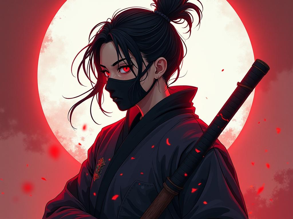 A visually striking portrayal of a beautiful ninja assassin depicted in a painterly anime style. The character features high levels of detail with a dramatic backdrop of a large red moon. The assassin's expression conveys intensity and focus. The composition includes elements like a katana and subtle cherry blossom petals, adding depth.
