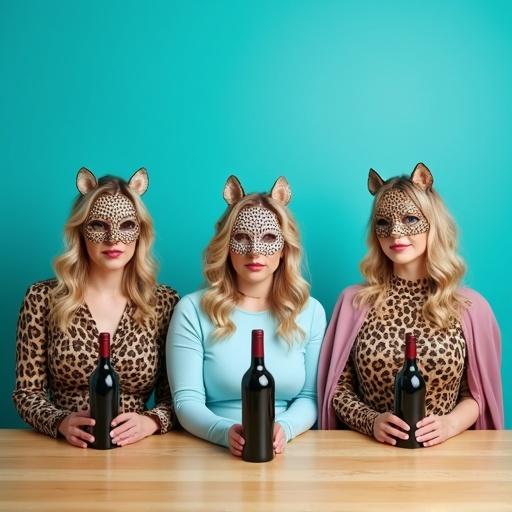 Three women seated at a light-brown wooden table against a teal-blue background. They wear leopard-print dresses and animal-print masks. One woman has a light-blue top and a light-pink cape. They hold wine bottles. The center woman looks ahead; the others gaze sideways. Their expressions are neutral. The lighting is bright, giving a soft feel. The composition is symmetrical, striking a visual balance.