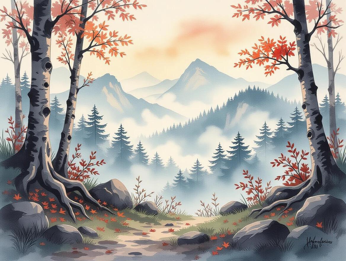A layered landscape in landscape orientation with expressive ink wash style for the foreground including gnarled roots, rocks, and leaves. Midground features classic oil painting style showing misty hills and trees. Background displays soft watercolor mountains against a pale sky. Gentle fog weaves through the scene for an ethereal feel and harmonious composition of styles.