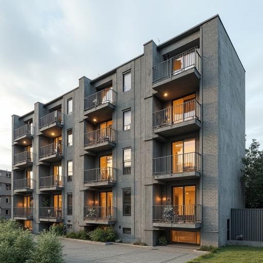 Image depicts a modern multi-unit worker dormitory building. Structure features concrete walls and multiple balconies. Well-lit windows show warm interiors. Surrounding green space offers a clean aesthetic. Designed for efficiency and affordability.