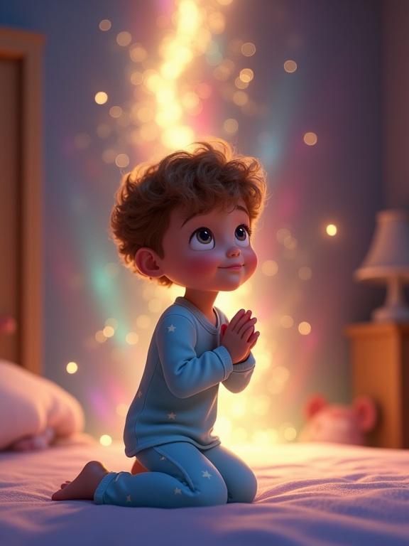3D animation in Disney Pixar style depicting a child in a cozy room. A young boy with curly hair and bright eyes wears light blue pajamas. He kneels in prayer on the bed. Soft golden light surrounds him. Magical multicolored light spirals upward behind him. Scene evokes wonder and tenderness.