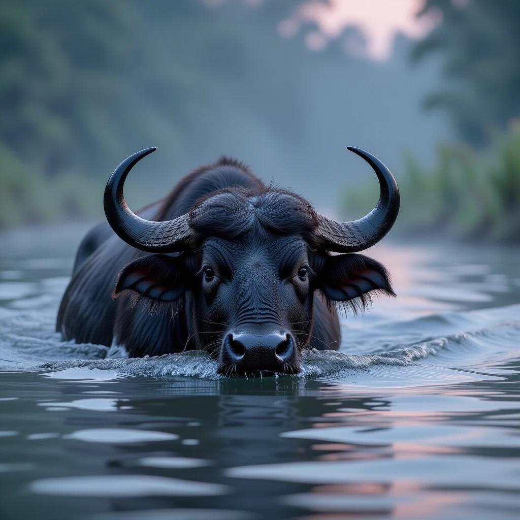 A wild water buffalo swims through calm waters. Surroundings feature fog and an evening ambiance. The animal's face is a close-up with prominent horns. Image portrays vibrant deep colors.