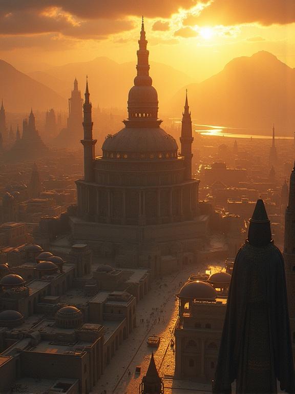 Aerial view of Dawnstar city at golden hour. Warm light casts long shadows across the landscape. The low sun creates dramatic highlights on towers. Distant spires fade in atmospheric haze. Golden beams filter through storm clouds. The city layout features the central Shadow Keep surrounded by gilded palaces. Surrounding markets and districts showcase varied architectural styles. The mood is moody and contrasty. A blend of Persian, Byzantine, and Ottoman elements is present.