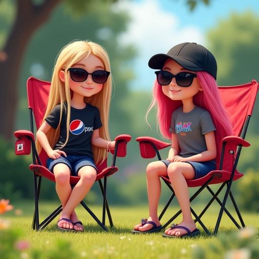 Brianna and Brandy enjoy a sunny summer day in their garden. They sit on bright red camping chairs. Brianna, with long dark-blonde hair, wears sunglasses and a black shirt featuring 'Pepsi Max'. She pairs it with navy-blue track shorts and pink flip-flops. Brandy, with pink hair, sports a baseball cap and grey shirt with black track shorts and flip-flops. The scene is vibrant and cheerful.