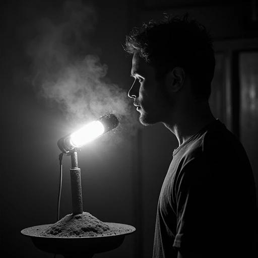 A person stands in profile near a lamp. The lamp emits a bright light with smoke around it. The subject is nestled in a dark environment. The scene highlights the contrast between light and darkness. The focus is on the lamp and the smoke it produces. The setting evokes a somber mood associated with mining. 