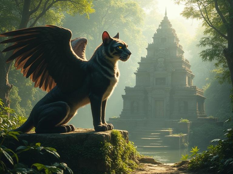Winged creature stands guard over ancient temple amid lush jungle. Mist in air. Sunlight filters through canopy casting shadows on stones. Hyperrealistic style capturing ancient grandeur and mystery. Evokes awe and hint of danger.