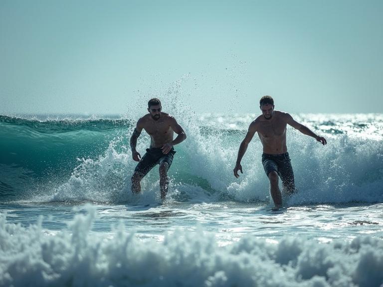 Two men enjoying the ocean waves. They run through the water with splashes as they play. The scene captures a bright sunny day at the beach.