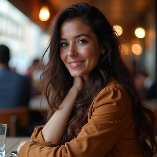 Realistic selfie of a colombian woman sitting at a cafe in Paris. She has a warm smile and is dressed in a stylish outfit. The cafe atmosphere complements her relaxed demeanor.