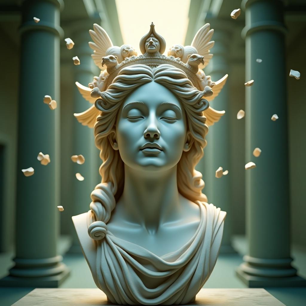 This image features a marble bust of the goddess Athena, capturing her in a serene and contemplative state. The sculpture showcases intricate details, including winged creatures and mythical symbols adorning her crown. The background features a green temple with light softly transitioning from warm to cooler shades, accentuating the bust’s peaceful expression. Athena’s eyes are gently closed, conveying a sense of deep wisdom and aspiration. Surrounding elements appear to float, enhancing the mystical and ethereal quality of this artistic piece.