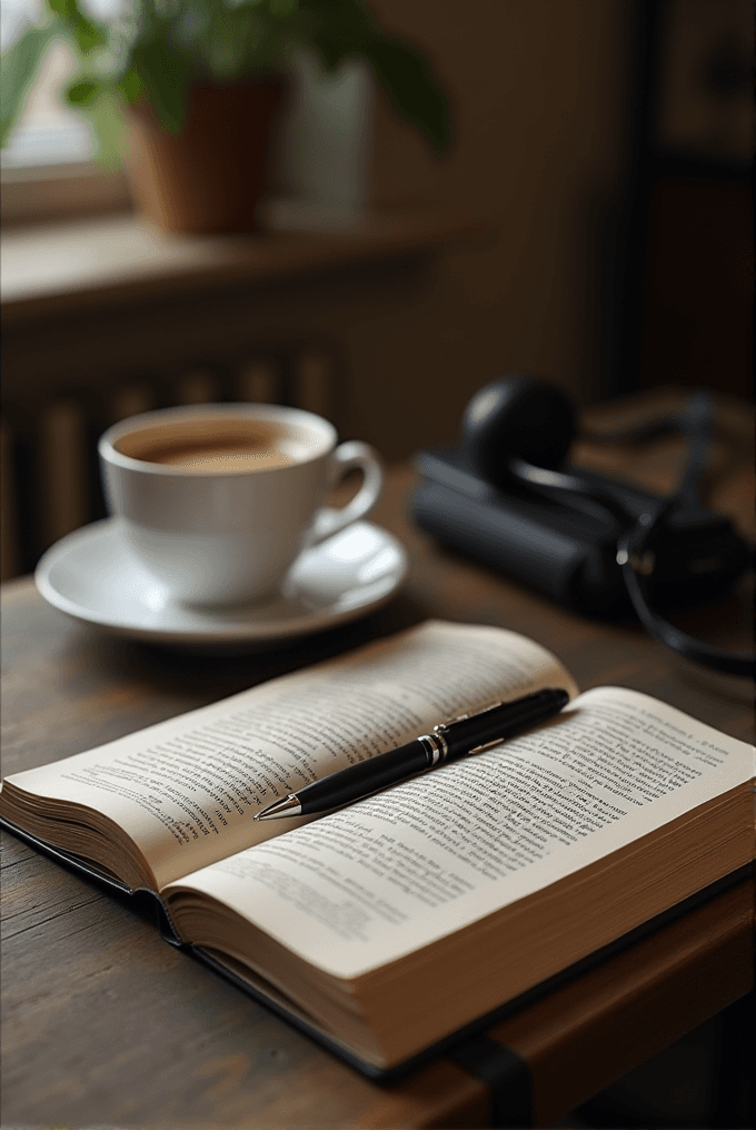 An open book with a pen lies on a wooden table beside a cup of coffee and headphones.