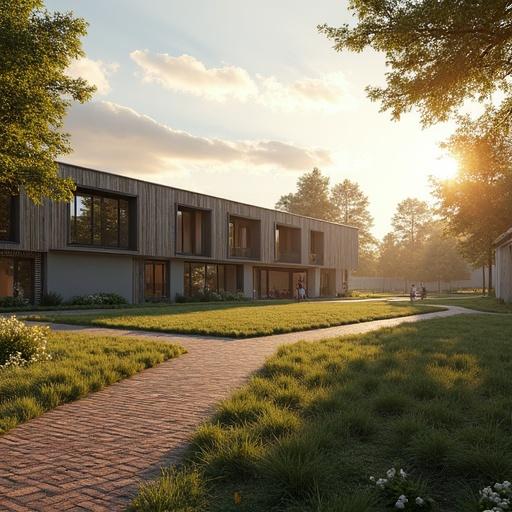 Architectural visualization featuring a modern school building with children playing. Morning setting with a large garden in the background. Rule of thirds composition. Photorealistic style with orange accents, utilizing wood and bricks.