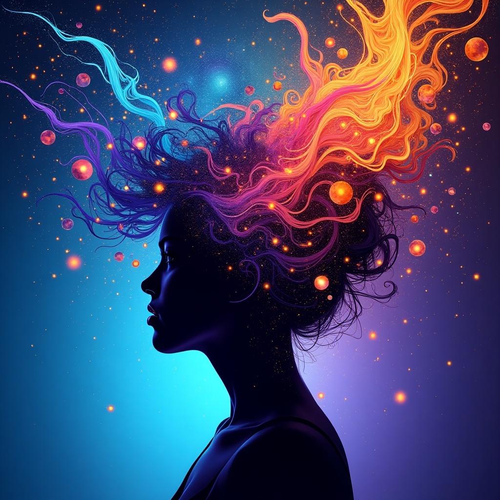 Digital illustration features a profile of a woman. Vibrant colors and swirling patterns fill the silhouette. Hair transforms into an explosion of blue, orange, and purple. Background fades from cosmic blue to purple. Intricate designs evoke joy and inspiration. Abstract elements showcase modern artistic expression.